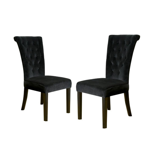 Chary Dining Chair Set of 2, Brown Wood, Classic Black Tufted Velvet