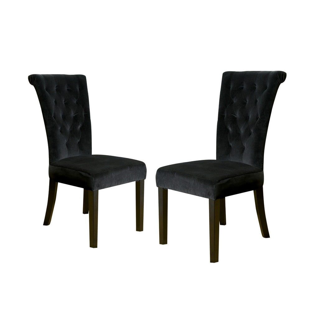 Chary Dining Chair Set of 2, Brown Wood Classic Black Velvet