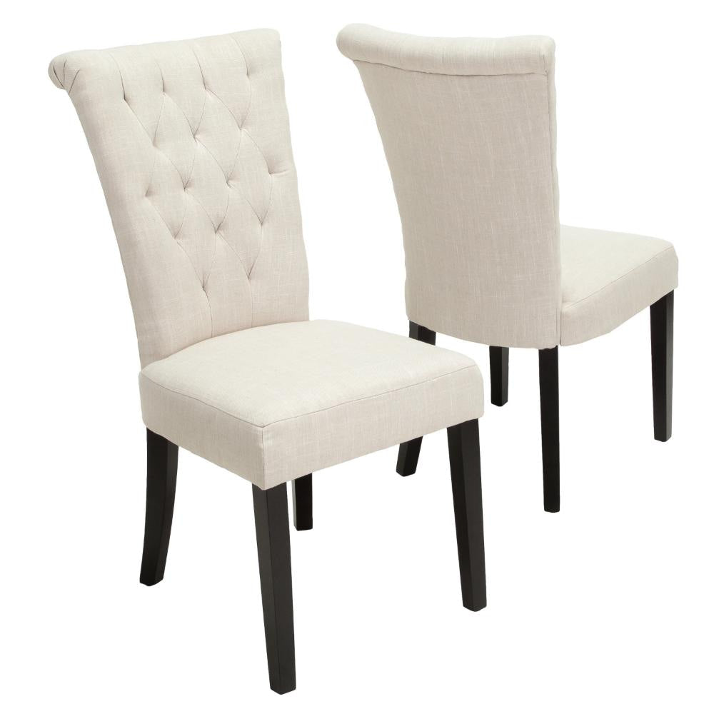 Chary Dining Chair Set of 2, Brown Wood, Light Beige Tufted Velvet