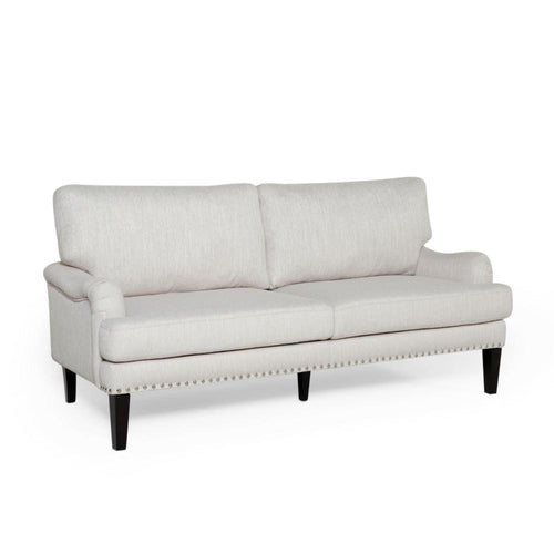 Loveseat with Pillow Back, Nailhead Trim, 67 Inch Wood, Beige Fabric