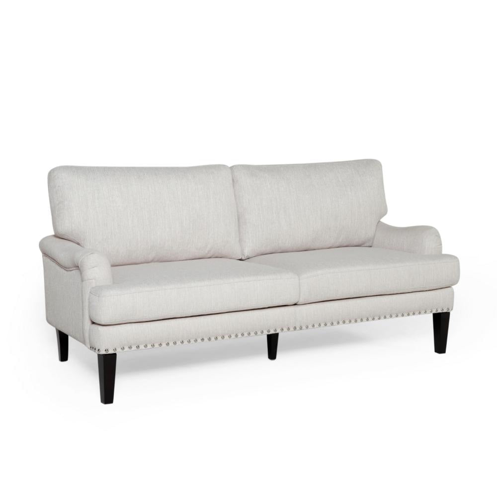 Loveseat with Pillow Back, Nailhead Trim, 67 Inch Wood, Beige Fabric