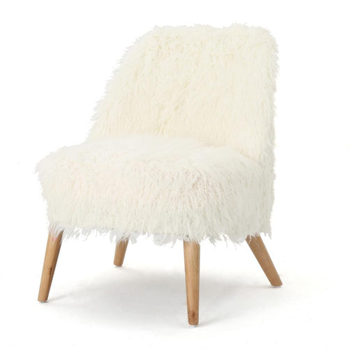 Accent Club Chair, Compact Brown Tapered Wood Legs, White Faux Fur