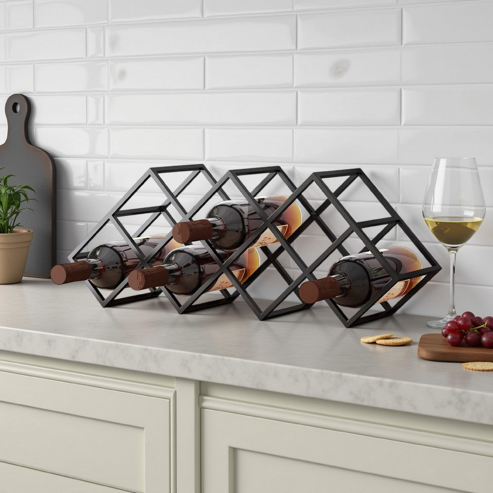 Wine Rack, Diamond Slots, 24" Compact Design, Black Iron
