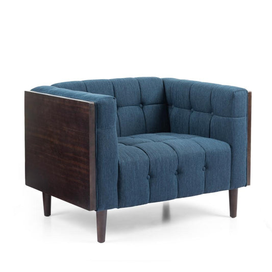 Accent Club Chair, Dark Brown Rubberwood, Navy Blue Button Tufted