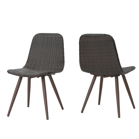 Illa Dining Side Chairs, Set of 2, Brown Angled Legs, Iron, Gray Outdoor Wicker