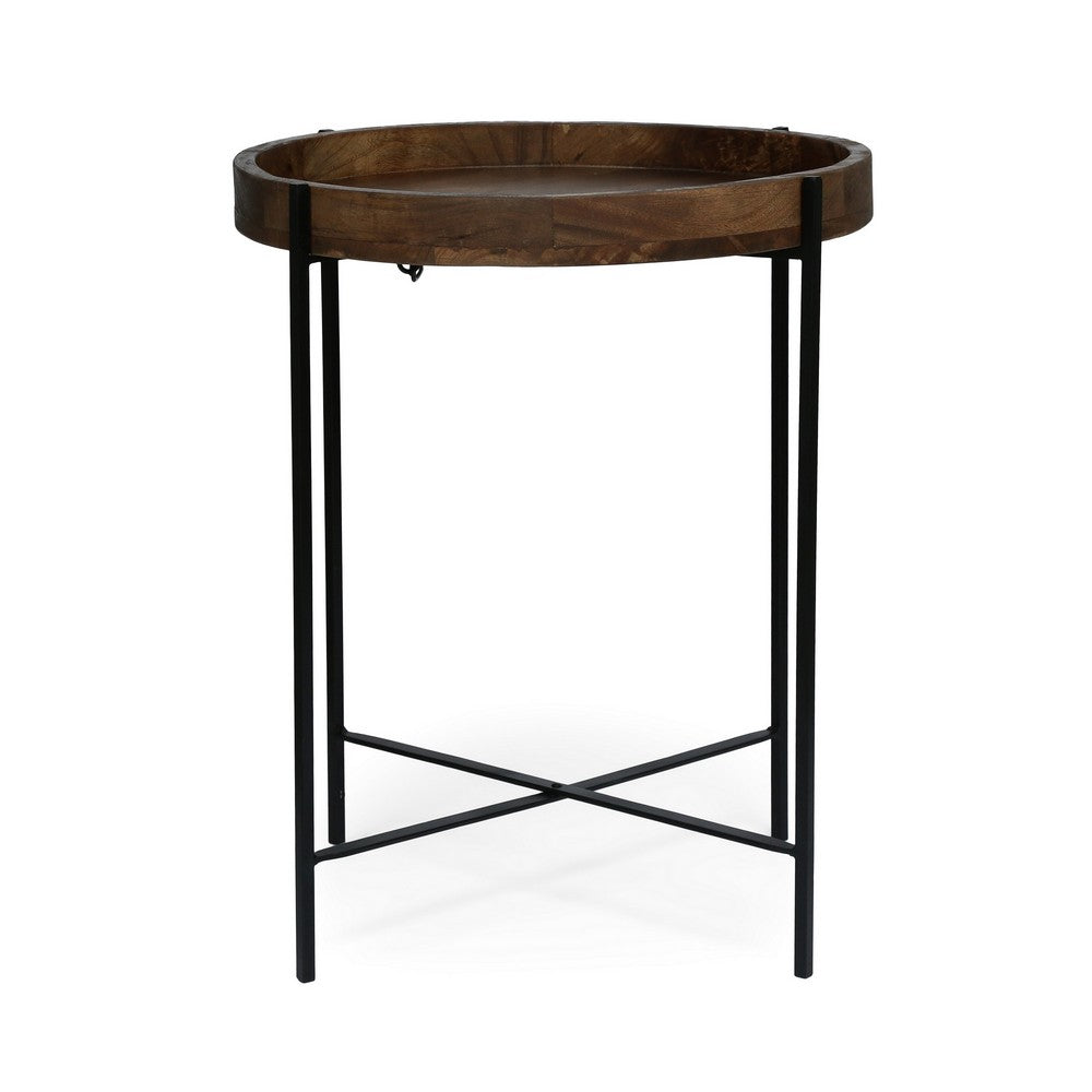 Peo Side End Table, 22" Round Wood Tray Top, Black Base