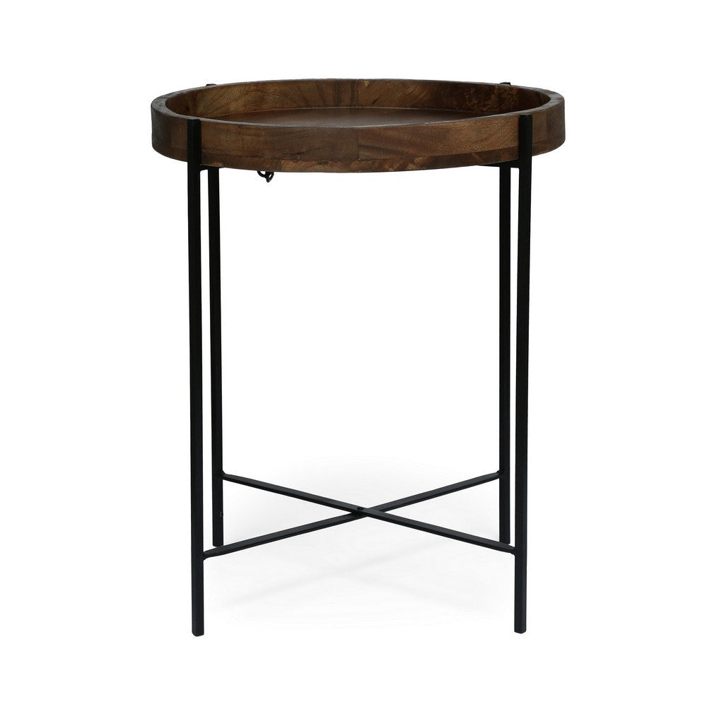 Peo Modern Side End Table 22 Inch Round Wood Tray Black Metal Base BM323749