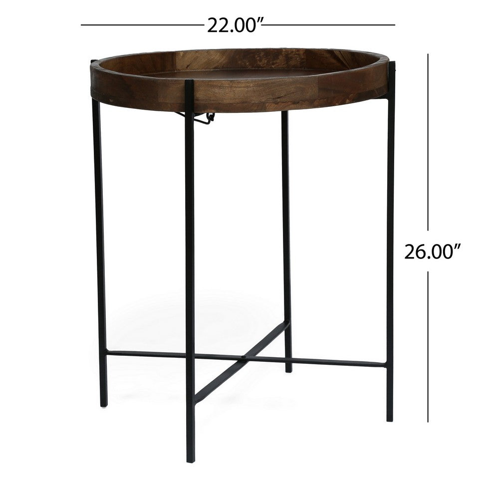 Peo Side End Table, 22" Round Wood Tray Top, Black Base