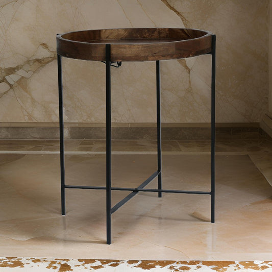 Peo Modern Side End Table, 22 Inch Round Wood Tray, Black Metal Base