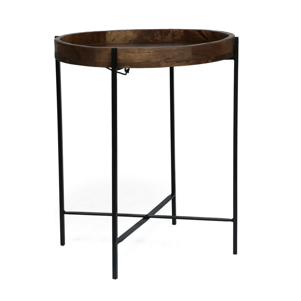 Peo Modern Side End Table, 22 Inch Round Wood Tray, Black Metal Base