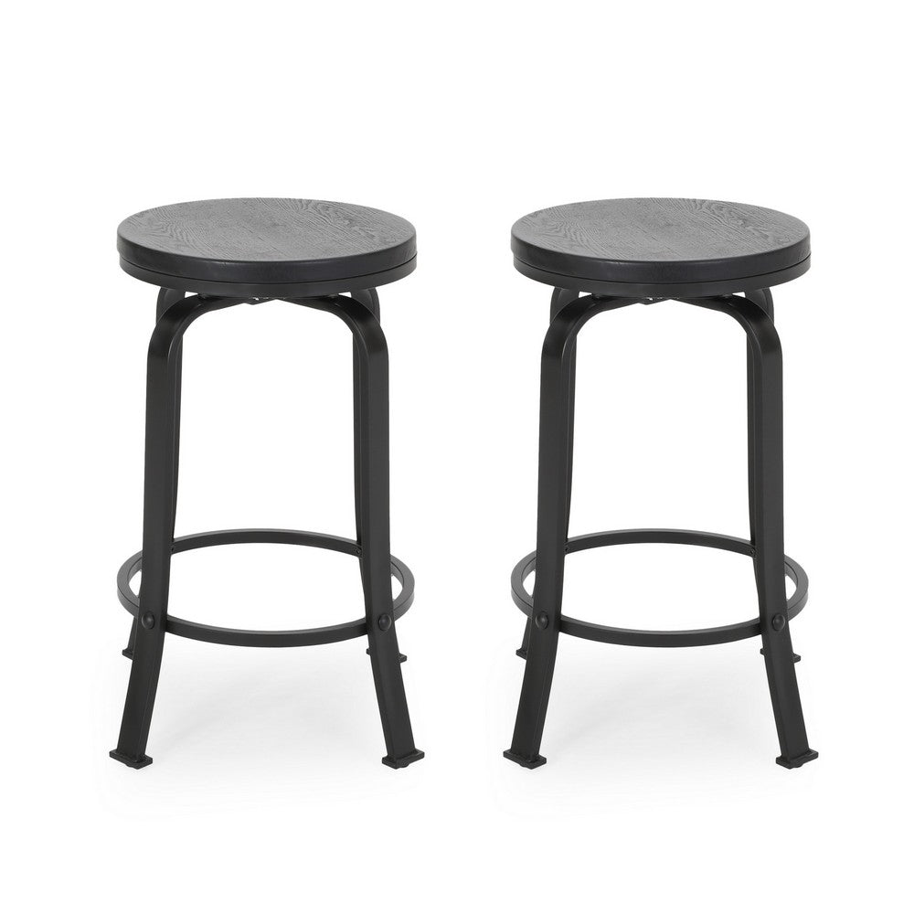 Lni Swivel Counter Stool Set of 2, Faux Wood Seat, Black
