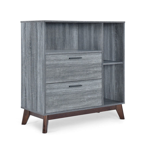 Side Cabinet, Open Square Shelves, 2 Drawer, 38 Inch Gray Faux Wood