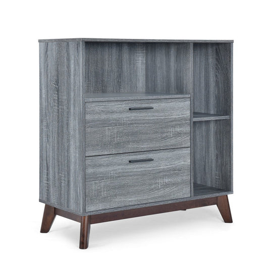 Side Cabinet, Open Square Shelves, 2 Drawer, 38 Inch Gray Faux Wood