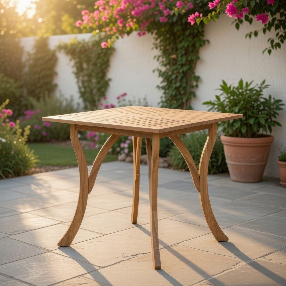 Olen Outdoor Dining Table, Slat Square, 32'', Brown Wood