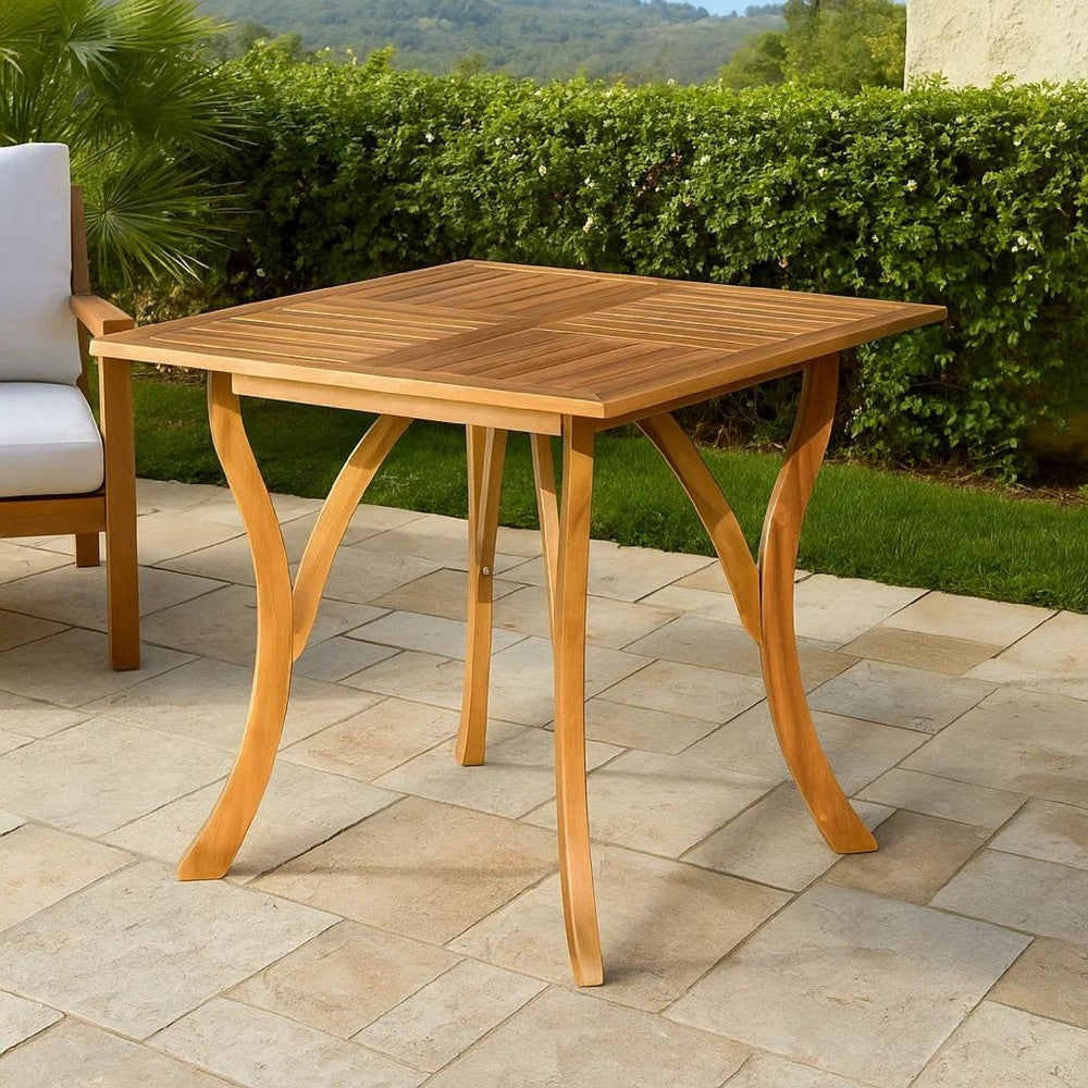 Olen Outdoor Dining Table, Slatted Square 32 Inch, Brown Acacia Wood