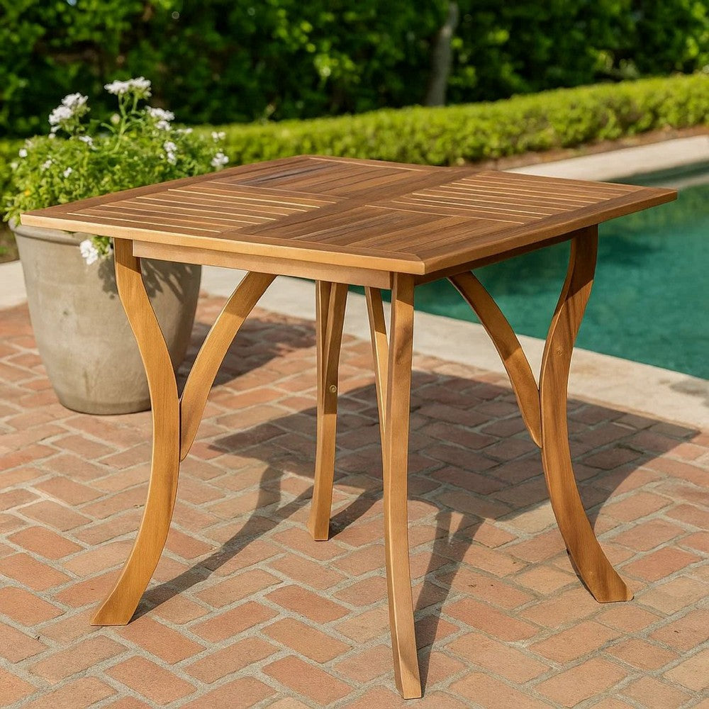 Olen Outdoor Dining Table, Slat Square, 32'', Brown Wood