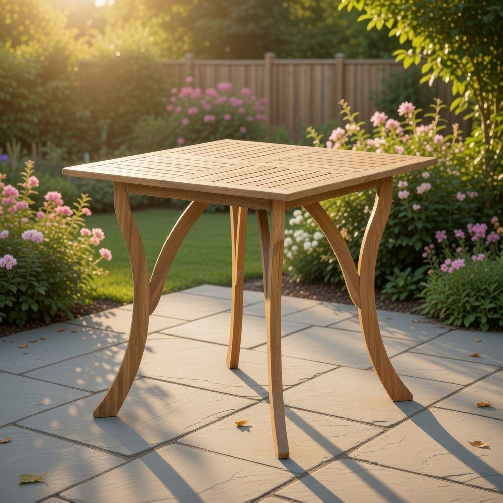 Olen Outdoor Dining Table, Slat Square, 32'', Brown Wood