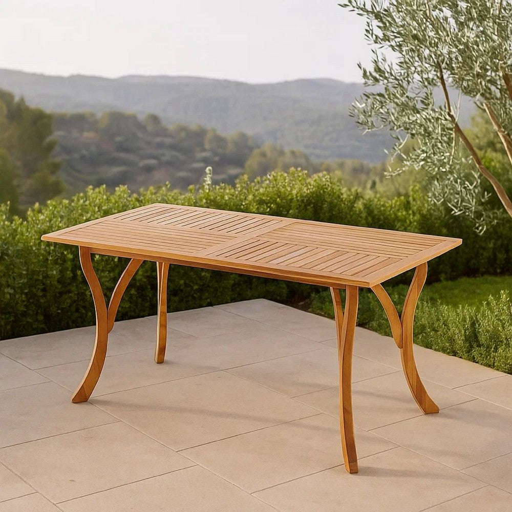 Olen Outdoor Dining Table, Slatted Rectangular 59 Inch, Brown Wood