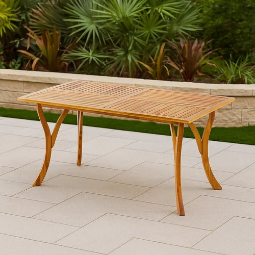 Olen Outdoor Dining Table, Slatted Rectangular 59 Inch, Brown Wood