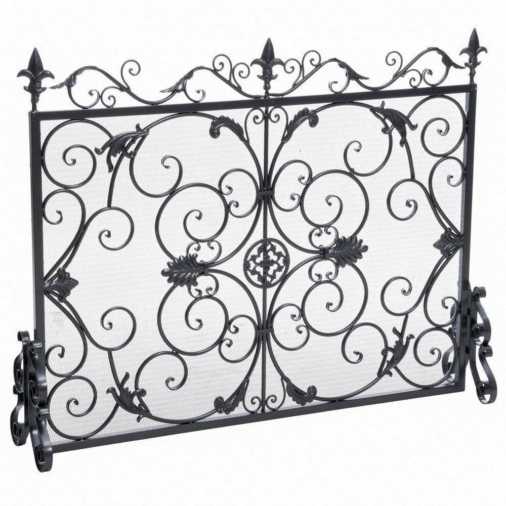 Fireplace Screen with Mesh, 45" Scroll Design, Black and Silver Iron