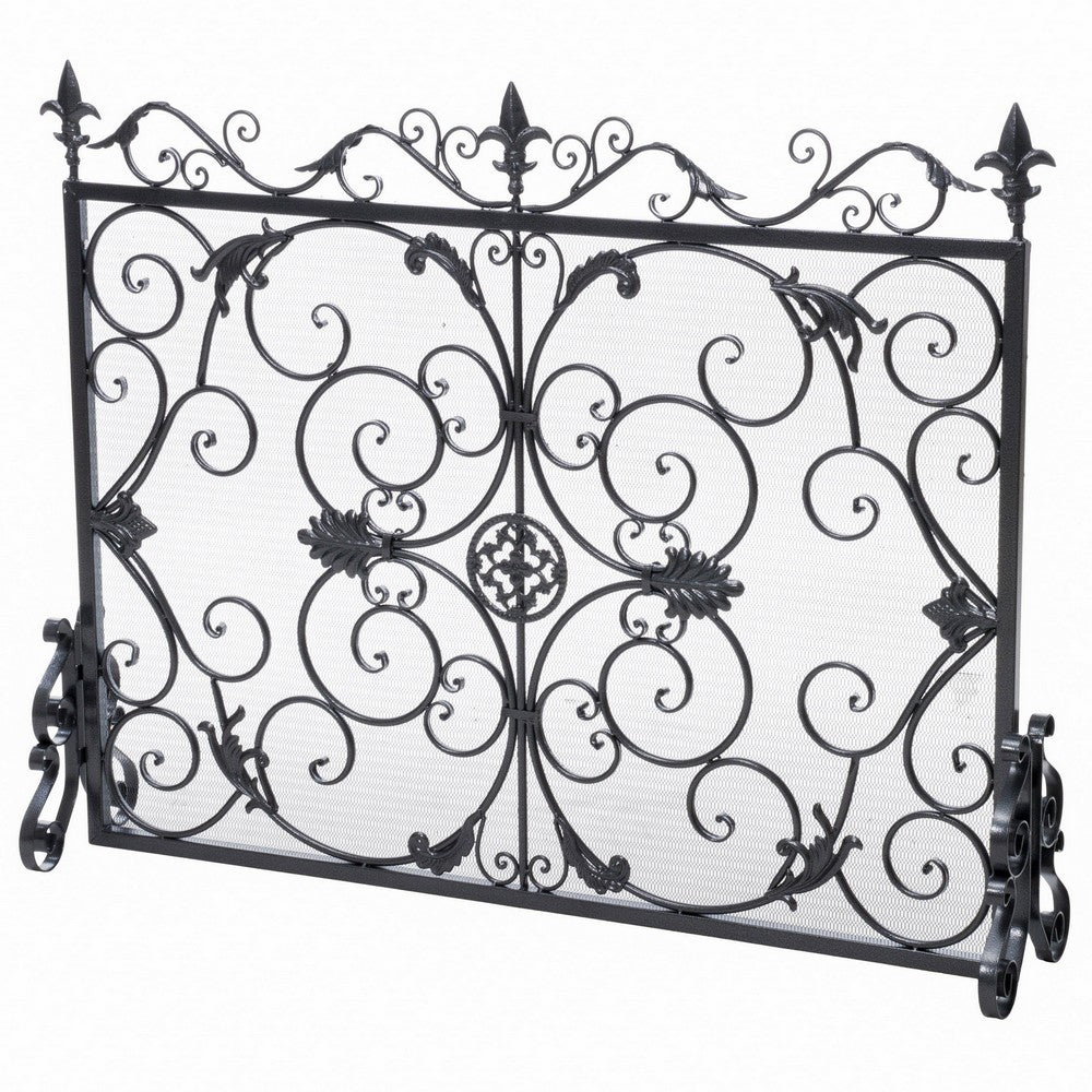 Fireplace Screen with Mesh, 45" Scroll Design, Black and Silver Iron