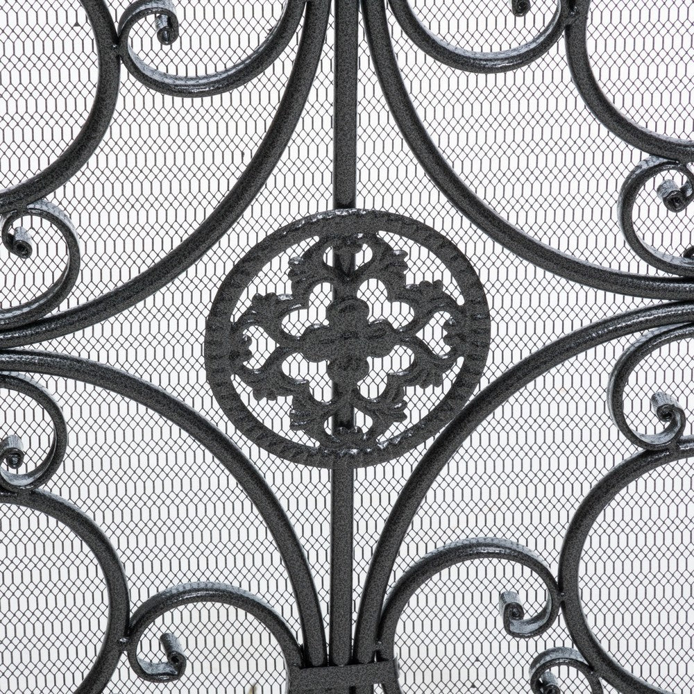 Fireplace Screen with Mesh, 45" Scroll Design, Black and Silver Iron