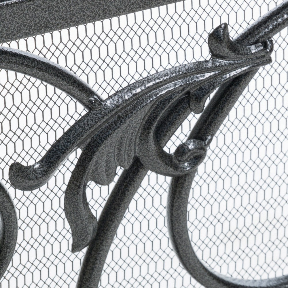 Fireplace Screen with Mesh, 45" Scroll Design, Black and Silver Iron