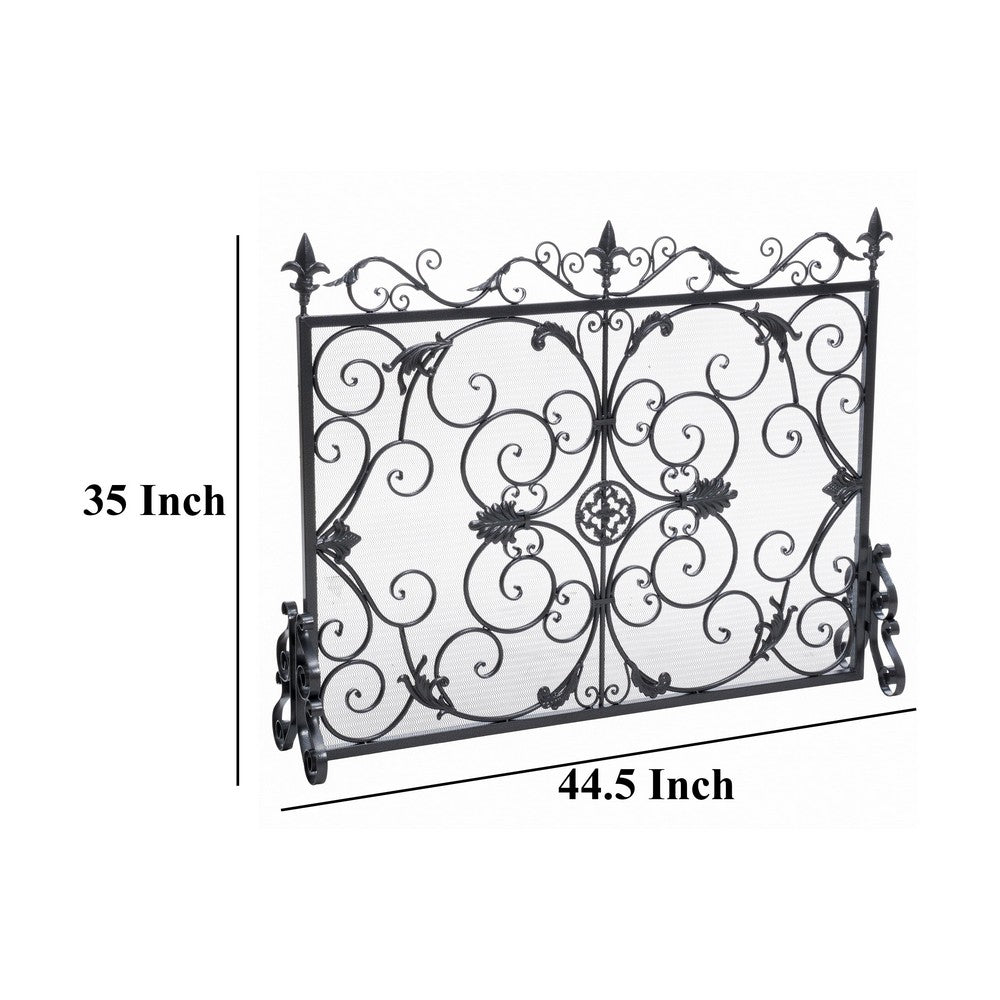 Fireplace Screen with Mesh, 45" Scroll Design, Black and Silver Iron