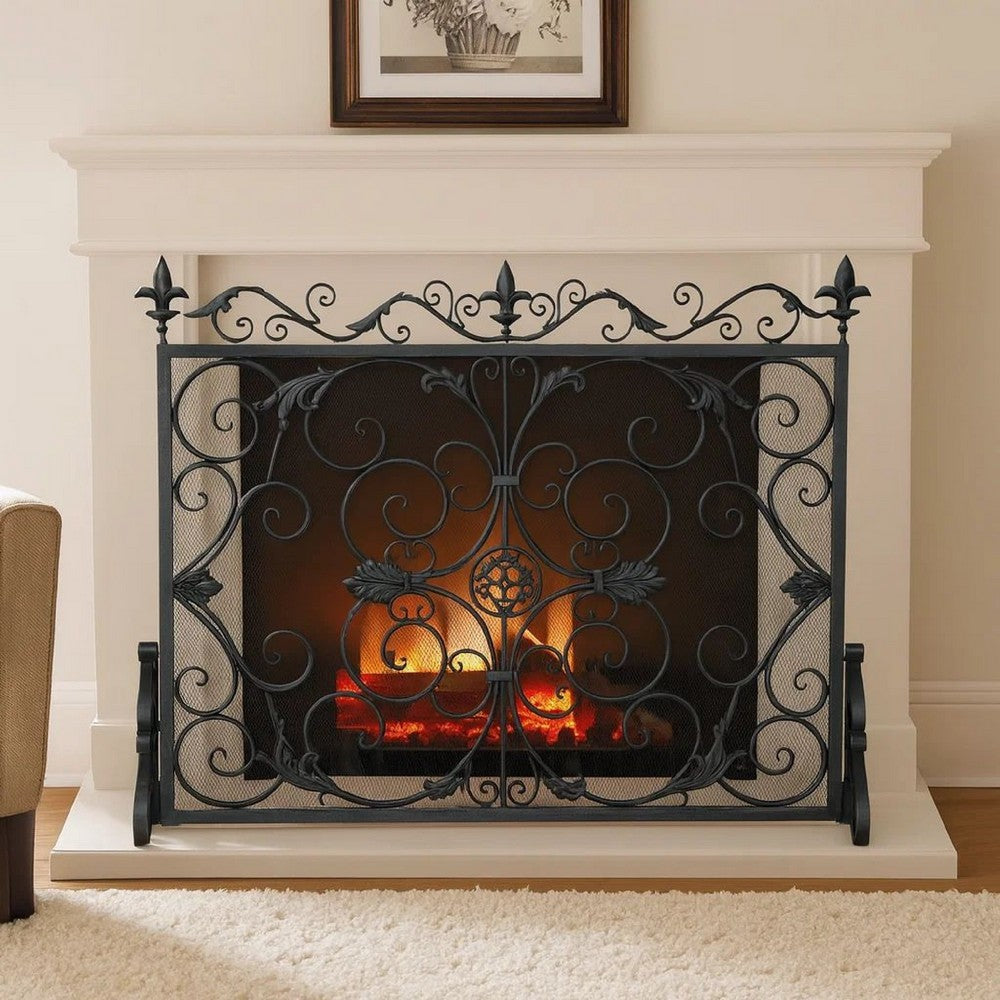 Fireplace Screen with Mesh, 45" Scroll Design, Black and Silver Iron