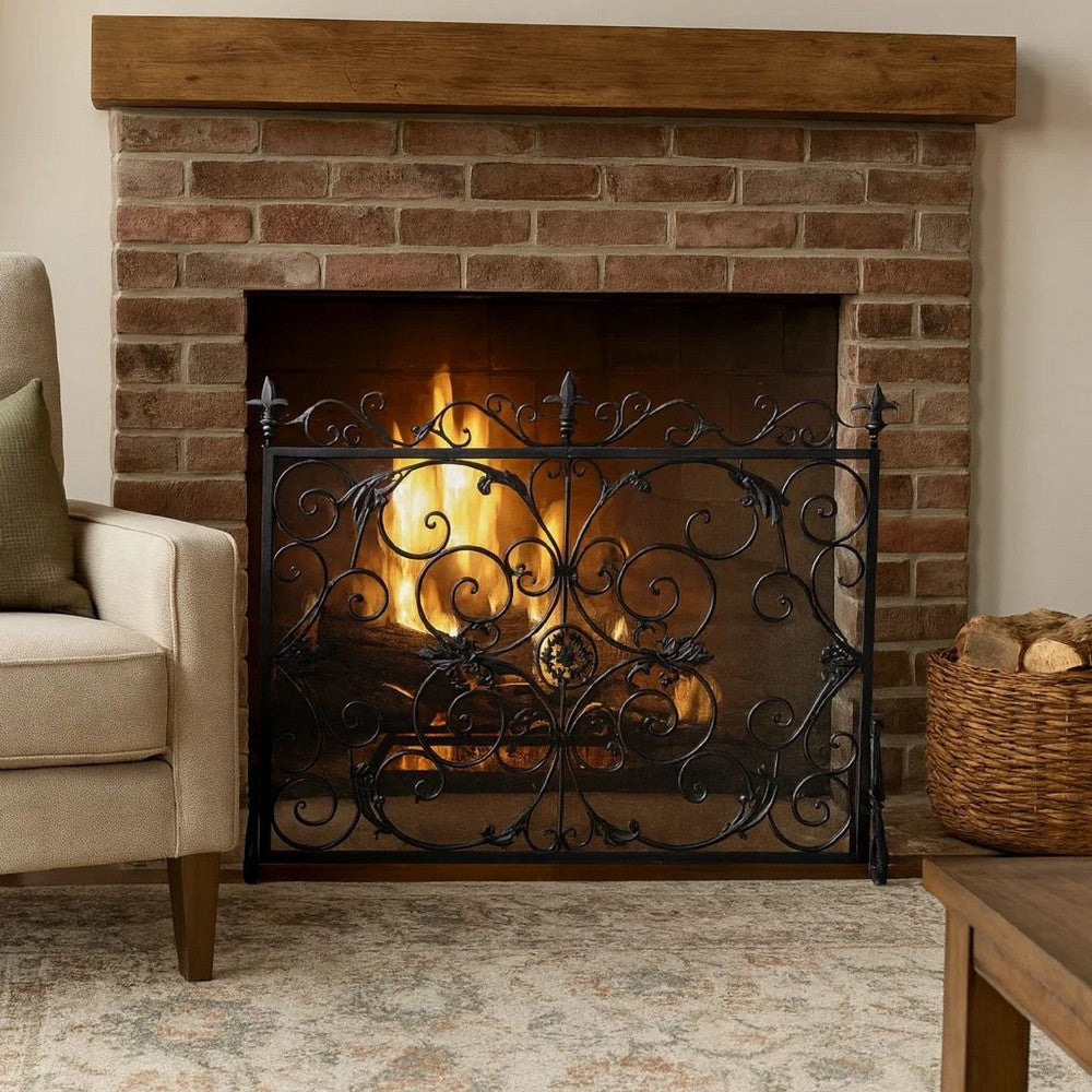 Fireplace Screen with Mesh, 45" Scroll Design, Black and Silver Iron