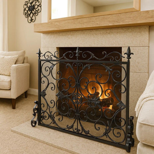 Fireplace Screen with Mesh, 45" Scroll Design, Black and Silver Iron
