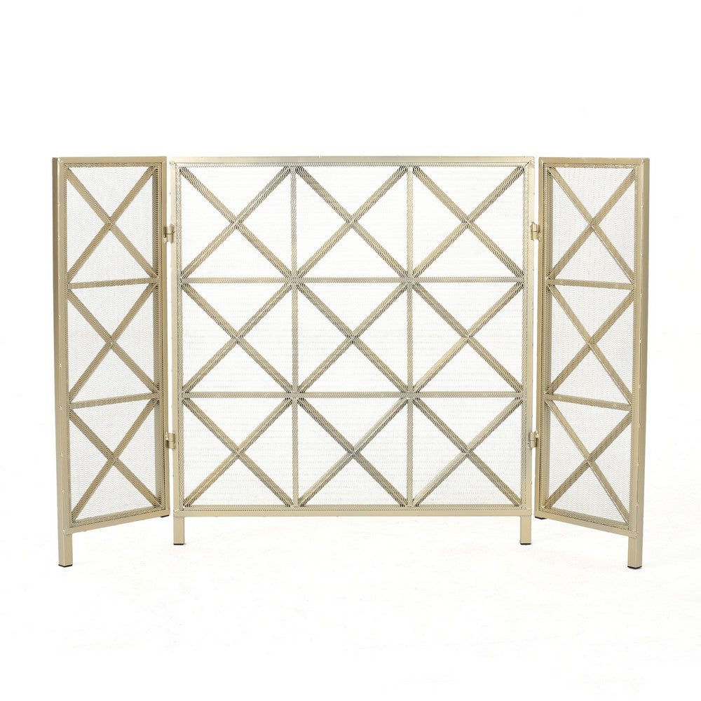 Fireplace Screen, 49" 3 Panel Mesh Design, Cross Gold Iron