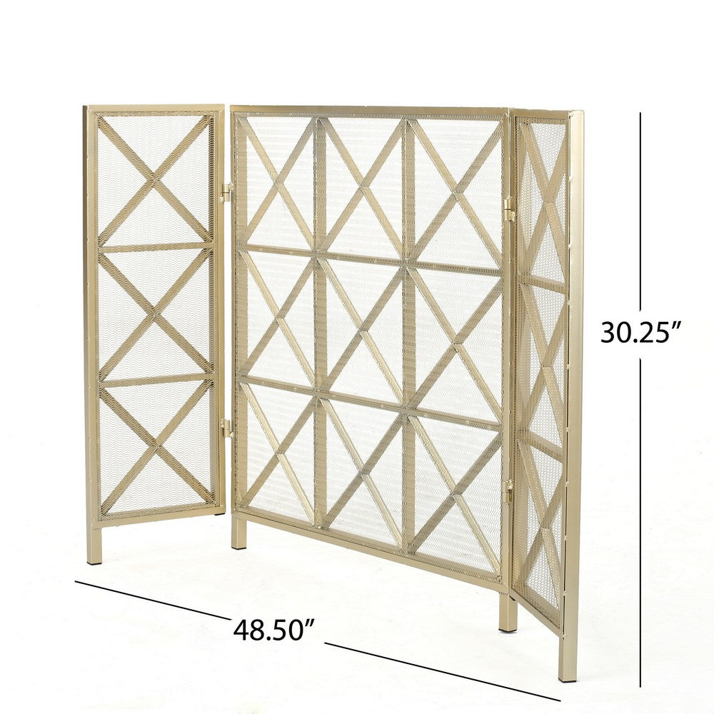 Fireplace Screen, 49" 3 Panel Mesh Design, Cross Gold Iron