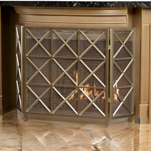 Fireplace Screen, 49" 3 Panel Mesh Design, Cross Gold Iron