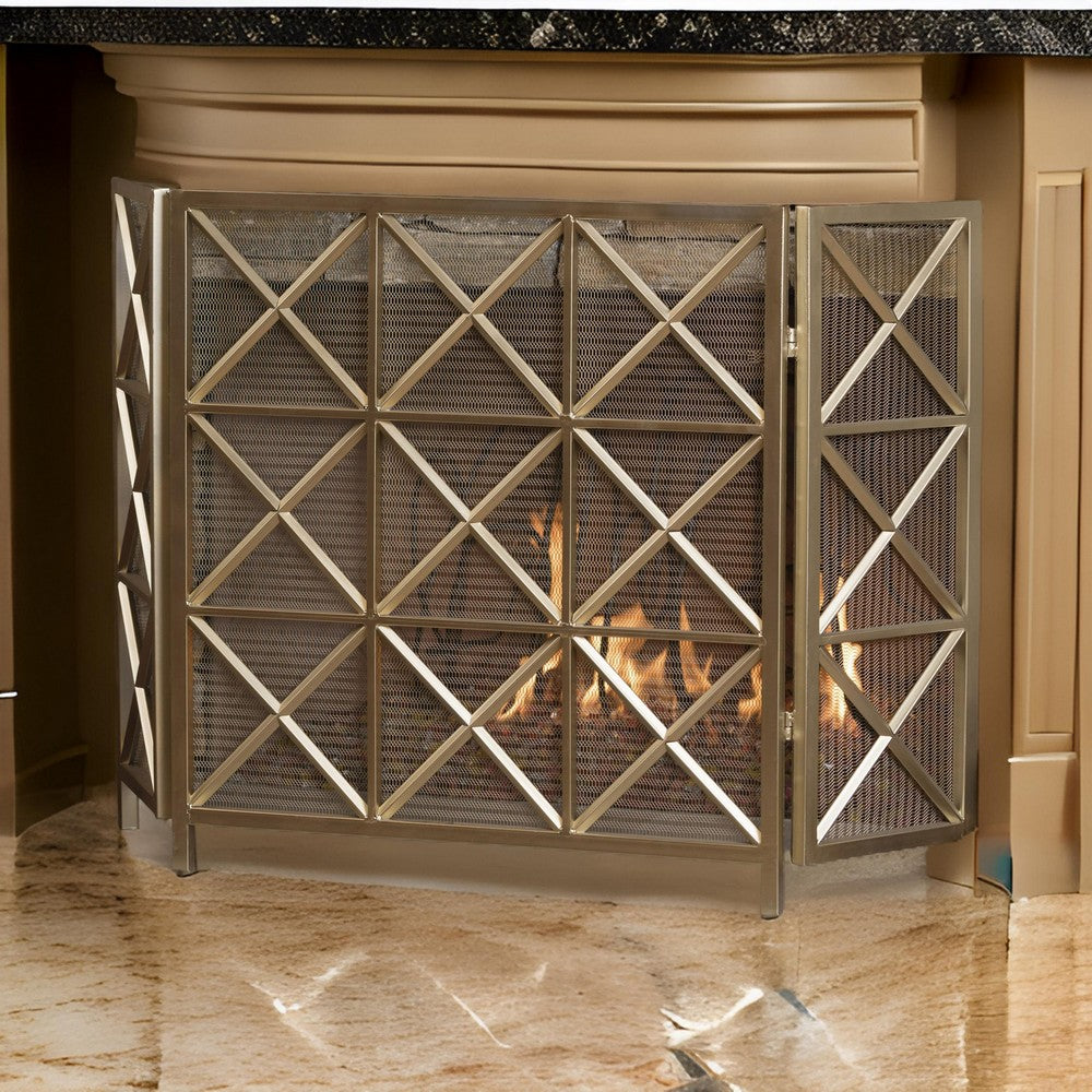 Fireplace Screen, 49" 3 Panel Mesh Design, Cross Gold Iron