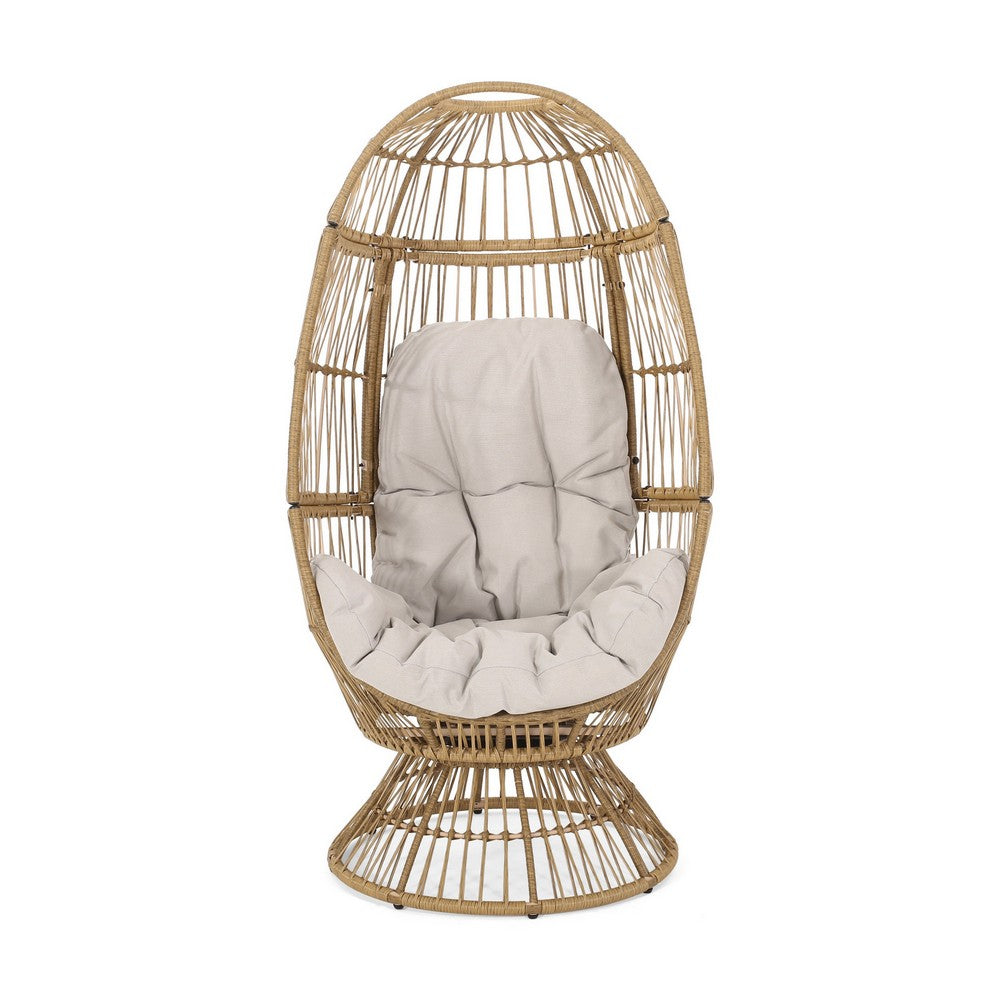 Outdoor Swivel Accent Chair, Cushioned, Natural Brown Rattan