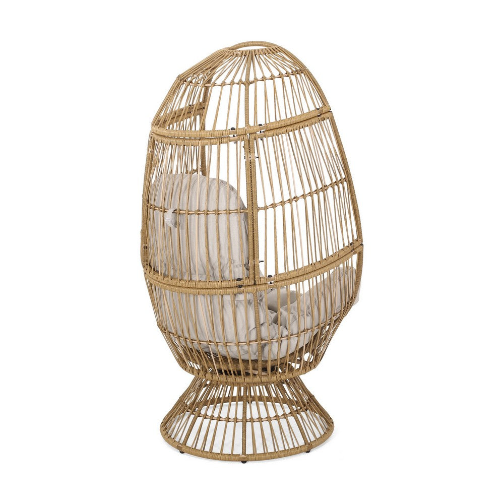 Outdoor Swivel Accent Chair, Cushioned, Natural Brown Rattan