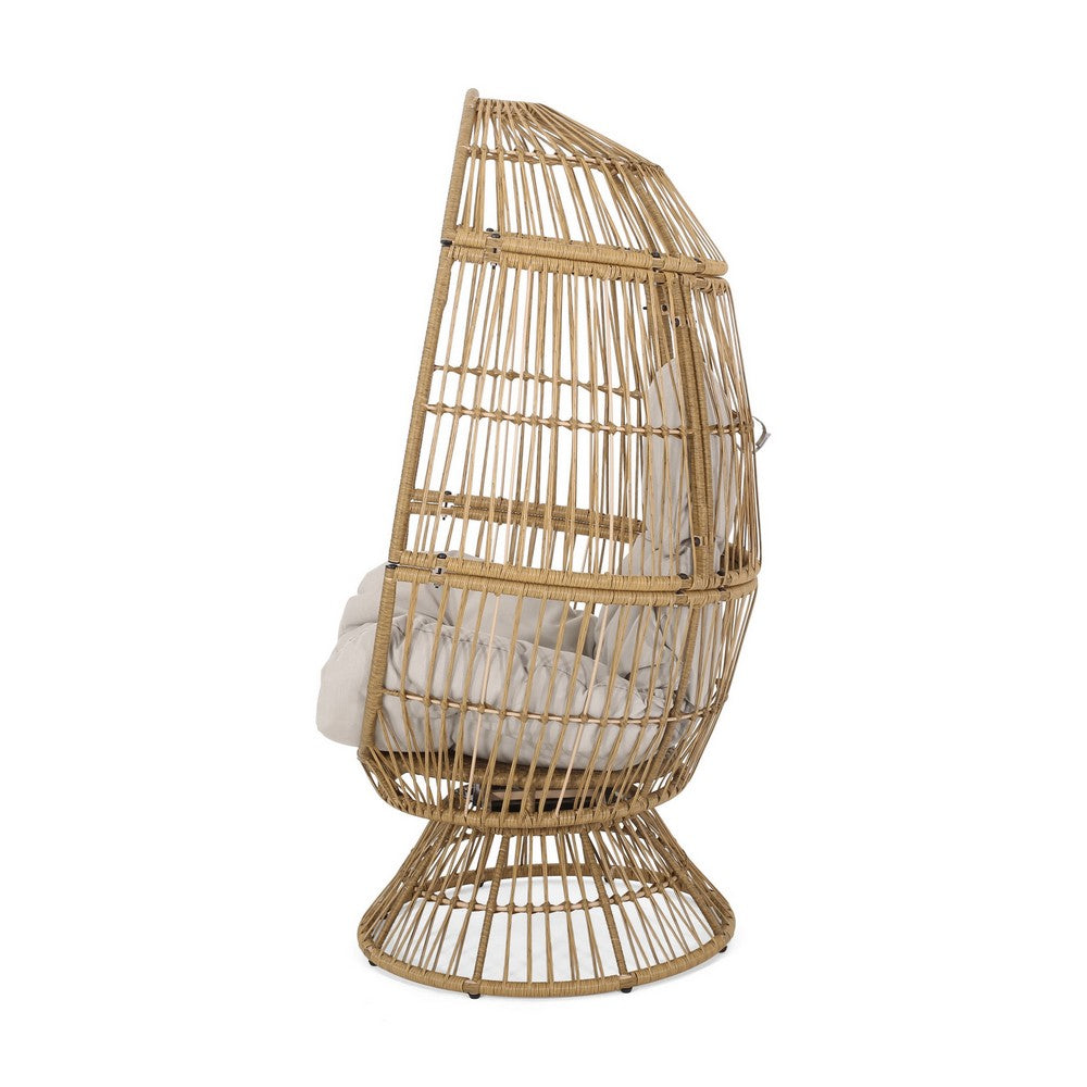 Outdoor Swivel Accent Chair, Cushioned, Natural Brown Rattan