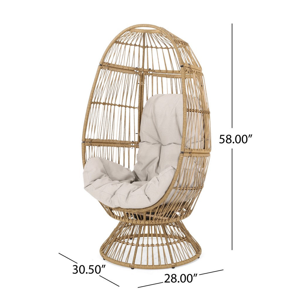Outdoor Swivel Accent Chair, Cushioned, Natural Brown Rattan