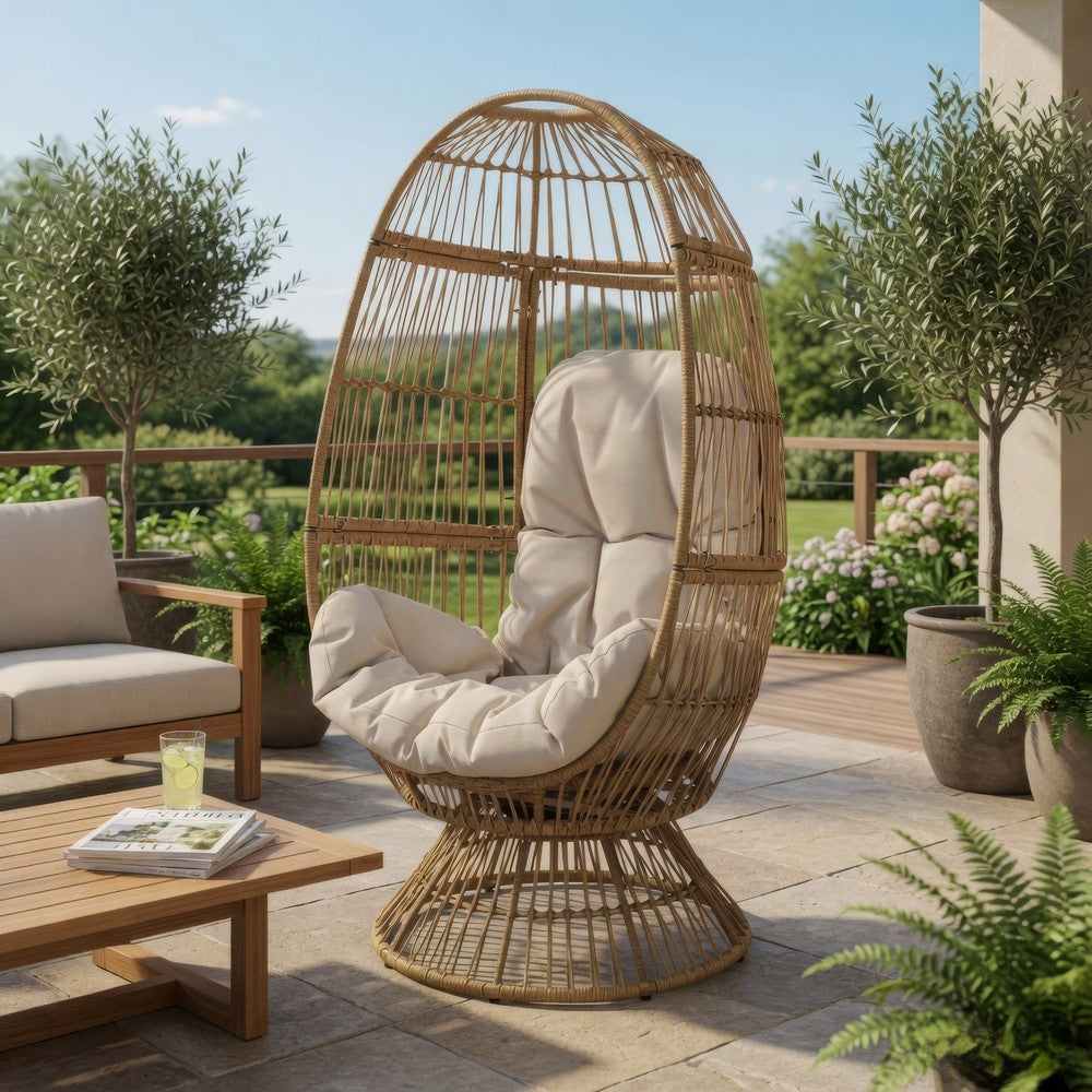 Outdoor Swivel Accent Chair, Cushioned, Natural Brown Rattan