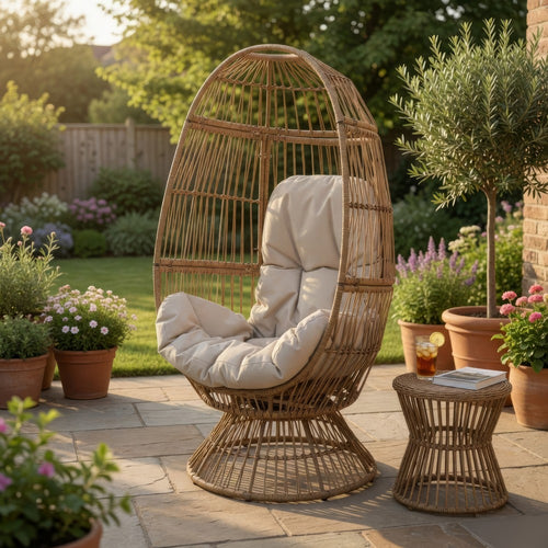 Outdoor Swivel Accent Chair, Cushioned, Natural Brown Rattan