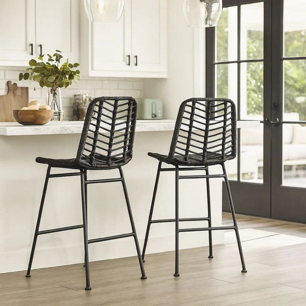 Outdoor Barstool Chair Set of 2, Gray Knitted Style Rattan