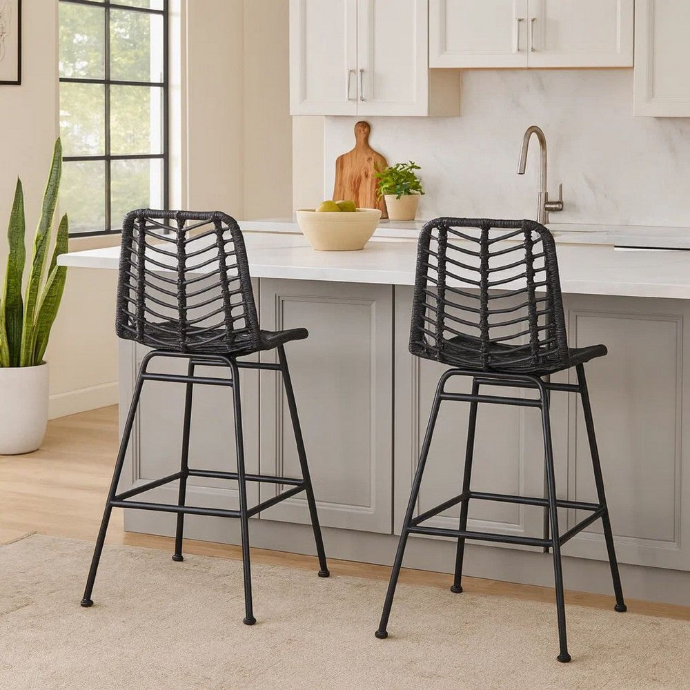 Outdoor Barstool Chair Set of 2, Gray Knitted Style Rattan