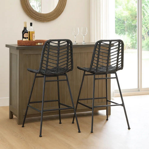 Outdoor Barstool Chair Set of 2, Gray Knitted Style Rattan