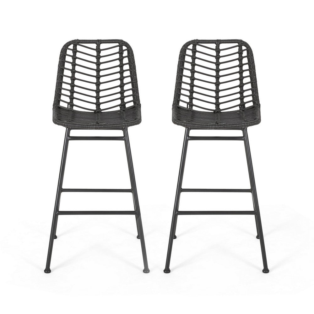 Outdoor Barstool Chair Set of 2, Gray Knitted Style Rattan