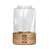 Hurricane Candle Holder, 10" Round Glass, Gold, Brown Wood