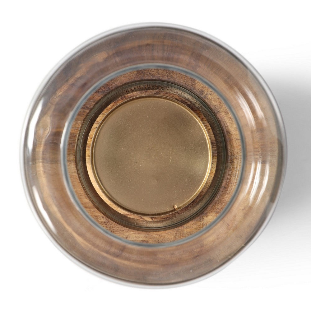 Hurricane Candle Holder, 10" Round Glass, Gold, Brown Wood