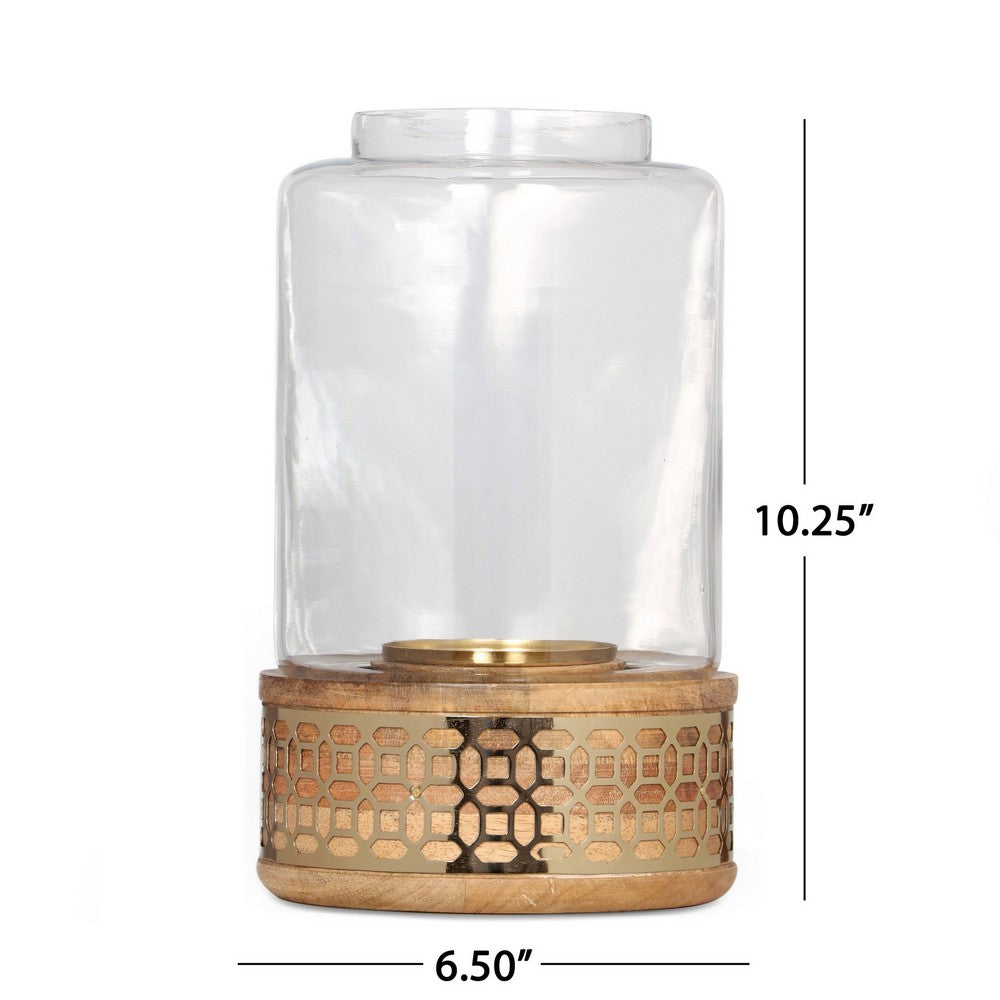 Hurricane Candle Holder, 10" Round Glass, Gold, Brown Wood