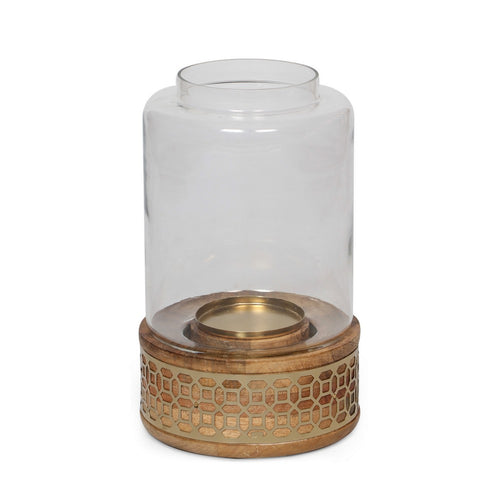 Hurricane Candle Holder, 10" Round Glass, Gold, Brown Wood