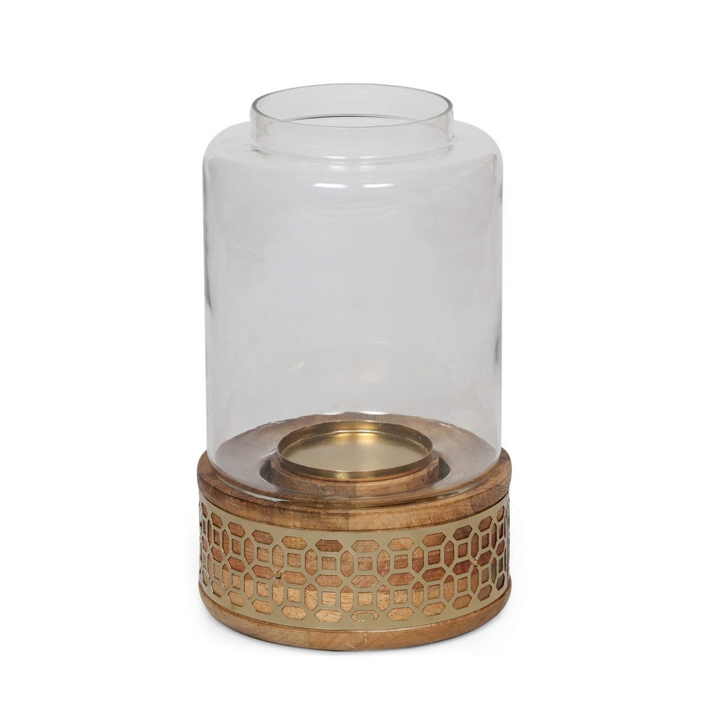 Hurricane Candle Holder, 10" Round Glass, Gold, Brown Wood
